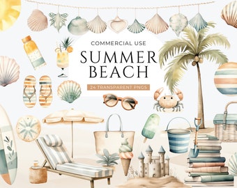Summer Beach Watercolor Clipart, DIGITAL DOWNLOAD, Vacation Clip Art, Boho Tropical Holiday, Chair And Umbrella, Seashell Commercial Use PNG