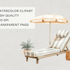 Summer Beach Watercolor Clipart, DIGITAL DOWNLOAD, Vacation Clip Art, Boho Tropical Holiday, Chair And Umbrella, Seashell Commercial Use PNG image 4