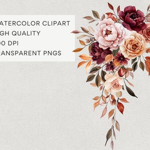 Burgundy Rust Flower Clipart, DIGITAL DOWNLOAD, Fall Wedding Invitation Clip Art, Autumn Floral Bouquets, Boho Rose Peony Commercial Use PNG image 4