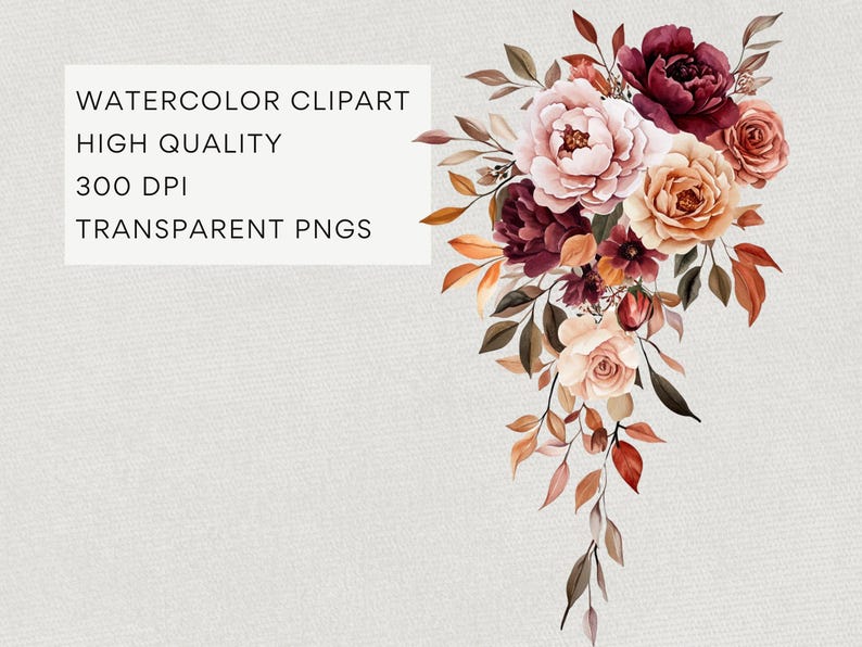 Burgundy Rust Flower Clipart, DIGITAL DOWNLOAD, Fall Wedding Invitation Clip Art, Autumn Floral Bouquets, Boho Rose Peony Commercial Use PNG image 4
