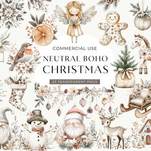 Clipart navideño neutro, descarga digital, clip art navideño bohemio, acogedor adorno de acuarela invernal, Papá Noel adorable, árbol rústico para uso comercial PNG