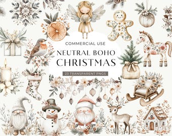 Neutral Christmas Clipart, DIGITAL DOWNLOAD, Boho Xmas Clip Art, Cozy Winter Watercolor Ornament, Cute Santa, Rustic Tree Commercial Use PNG