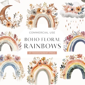 Boho arc-en-ciel aquarelle clipart, téléchargement numérique, clipart floral arc-en-ciel, baby shower neutre, mignon chambre d'enfant pastel PNG à usage commercial gratuit