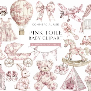 Pink Toile Baby Clipart, It's A Girl Baby Shower Toile De Jouy Clip Art, Watercolor Floral Chinoiserie, Vintage French Nursery DIGITAL PNG