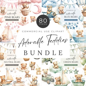 Teddy Bear Clipart Bundle, DIGITAL DOWNLOAD, Neutral Boho Nursery Clipart, Watercolor Baby Shower, Bear Hot Air Balloon Commercial Use PNG