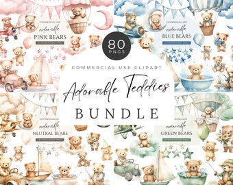 Teddy Bear Clipart Bundle, DIGITAL DOWNLOAD, Neutral Boho Nursery Clipart, Watercolor Baby Shower, Bear Hot Air Balloon Commercial Use PNG