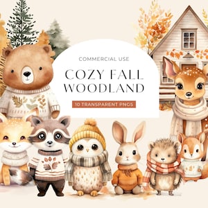 Fall Animal Clipart, DIGITAL DOWNLOAD, Woodland Creatures Illustrations, Autumn Forest Animals, Fox Watercolor Graphics, Commercial Use PNG