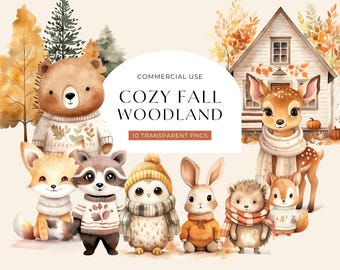 Fall Animal Clipart, DIGITAL DOWNLOAD, Woodland Creatures Illustrations, Autumn Forest Animals, Fox Watercolor Graphics, Commercial Use PNG