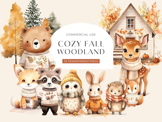 Fall Animal Clipart, DIGITAL DOWNLOAD, Woodland Creatures Illustrations, Autumn Forest Animals, Fox Watercolor Graphics, Commercial Use PNG