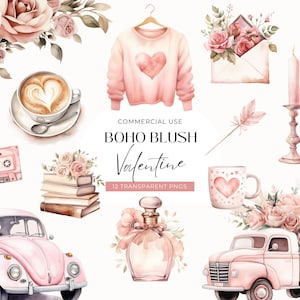 Clipart de San Valentín bohemio, descarga digital, camión de San Valentín con acuarela rosa, corazón de café con leche, libros apilados, clipart de planificador, PNG para uso comercial