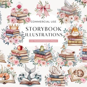 Clipart livre d'histoires, livre d'histoires clipart, amoureux des livres aquarelle mignon, chambre d'enfant conte de fées PNG, livres pour baby shower, lecture téléchargement numérique