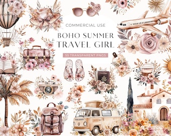 Boho Travel Clipart, Watercolor Summer Vacation Clip Art, Digital Planner Girl Illustrations, Scrapbooking Graphic, Commercial Use PNG Image