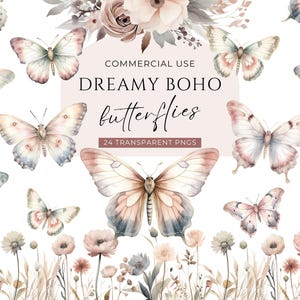 Boho Schmetterling Clipart, DIGITAL DOWNLOAD, Aquarell Schmetterlinge, Wildblumen mit Schmetterling, Floral Baby Dusche Clipart, kommerzielle Nutzung PNG