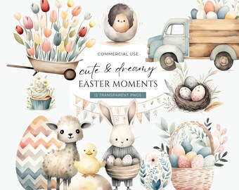 Pastell Ostern Aquarell Clipart, DIGITAL DOWNLOAD, Süßer Oster LKW, Frühlingsküken, Baby Lamm, Entlein Freie kommerzielle Nutzung transparent PNG