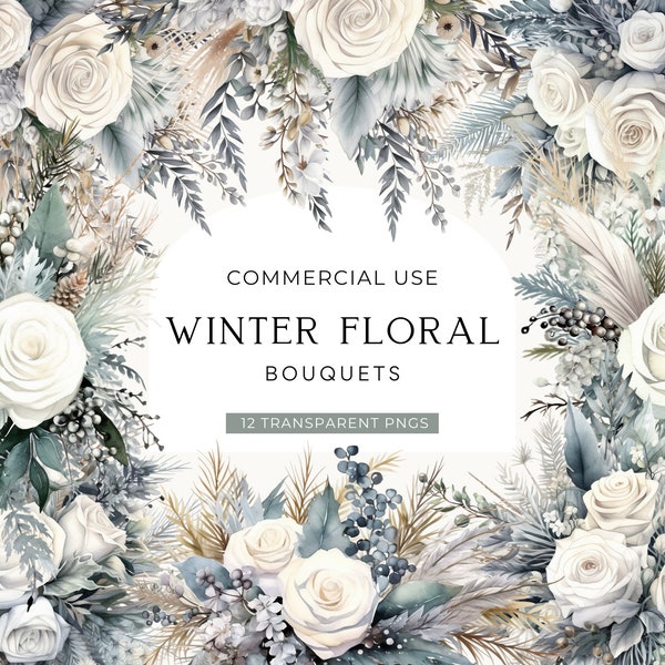 Winter Watercolor Floral Clipart, DIGITAL DOWNLOAD, White Rose Christmas Bridal Bouquet, Invitation Flower Arrangements, Commercial Use PNG