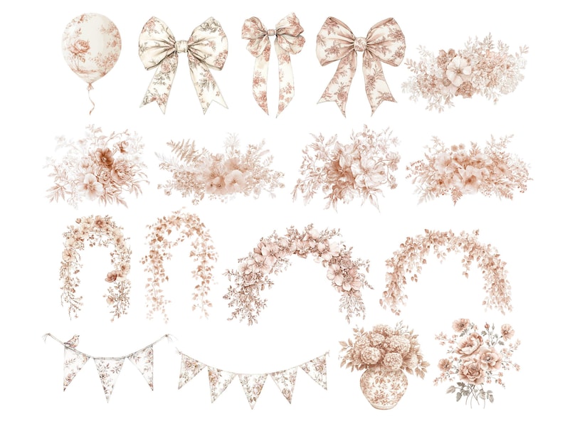 Clipart per cameretta dei bambini in toile neutre, clipart per baby shower in stile cineserie neutro, giocattoli acquerellati beige, fiori francesi vintage in formato PNG DIGITALE immagine 4