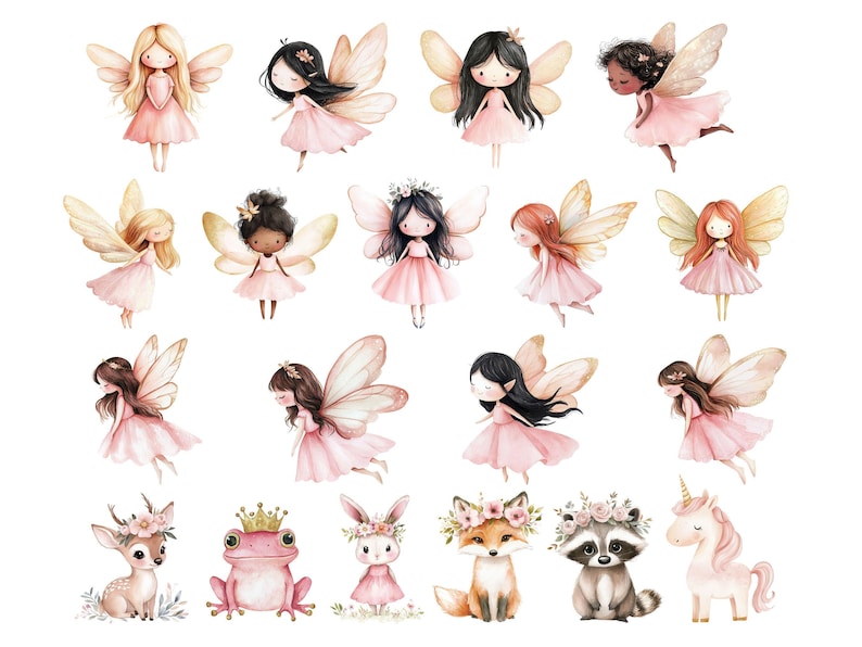 Clipart fée des bois rose, jolies fées pastel aquarelle, premier anniversaire Clip Art, forêt enchantée, baby shower clipart téléchargement numérique image 2