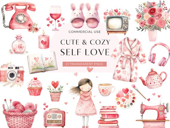 Watercolor Cozy Self Care Clipart, DIGITAL DOWNLOAD, Self Love Clip Art, Cozy Digital Stickers, Selfcare Planner Clipart, Commercial Use PNG