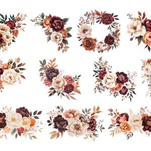 Burgundy Rust Flower Clipart, DIGITAL DOWNLOAD, Fall Wedding Invitation Clip Art, Autumn Floral Bouquets, Boho Rose Peony Commercial Use PNG image 2