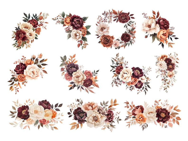 Burgundy Rust Flower Clipart, DIGITAL DOWNLOAD, Fall Wedding Invitation Clip Art, Autumn Floral Bouquets, Boho Rose Peony Commercial Use PNG image 2
