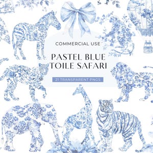 Imágenes prediseñadas de toile de safari azul, descarga digital, imágenes prediseñadas de toile de jouy para baby shower, animales de la jungla de chinoiserie en acuarela, PNG para uso comercial