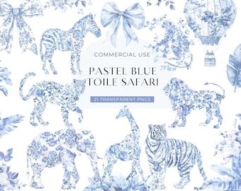 Imágenes prediseñadas de toile de safari azul, descarga digital, imágenes prediseñadas de toile de jouy para baby shower, animales de la jungla de chinoiserie en acuarela, PNG para uso comercial