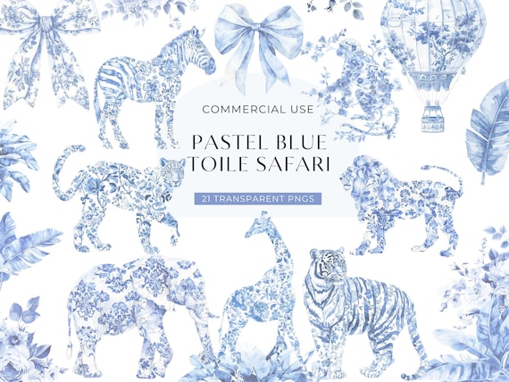 Blue Safari Toile Clipart, DIGITAL DOWNLOAD, Baby Shower Toile De Jouy Clip Art, Watercolor Chinoiserie Jungle Animals, Commercial Use PNG