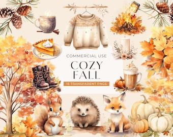 Cozy Fall Clipart Bundle, DIGITAL DOWNLOAD, Watercolor Autumn Clip Art Pack, Fall Clothes, Thanksgiving Graphics Set, Commercial Use PNG