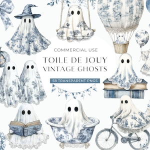 May include: A collection of vintage ghost illustrations in a Toile de Jouy style. The ghosts are depicted in various scenes, including riding a bicycle, in a bathtub, and on a swing. The color palette is primarily white and blue.