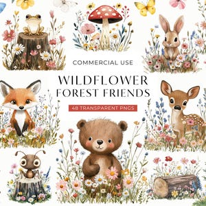 Woodland dier bloemen clipart, baby bloemen dier illustraties, schattige aquarel bos vrienden, wilde bloemen babyshower, kinderkamer digitale png