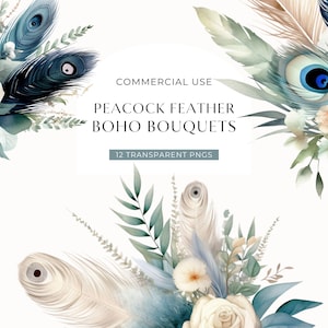 Pfauenfeder Floral Clipart, DIGITAL DOWNLOAD, Boho Hochzeit Bouquet Clipart Bundle Pack, Aquarell Blumen Grafikset Kommerzielle Nutzung PNG