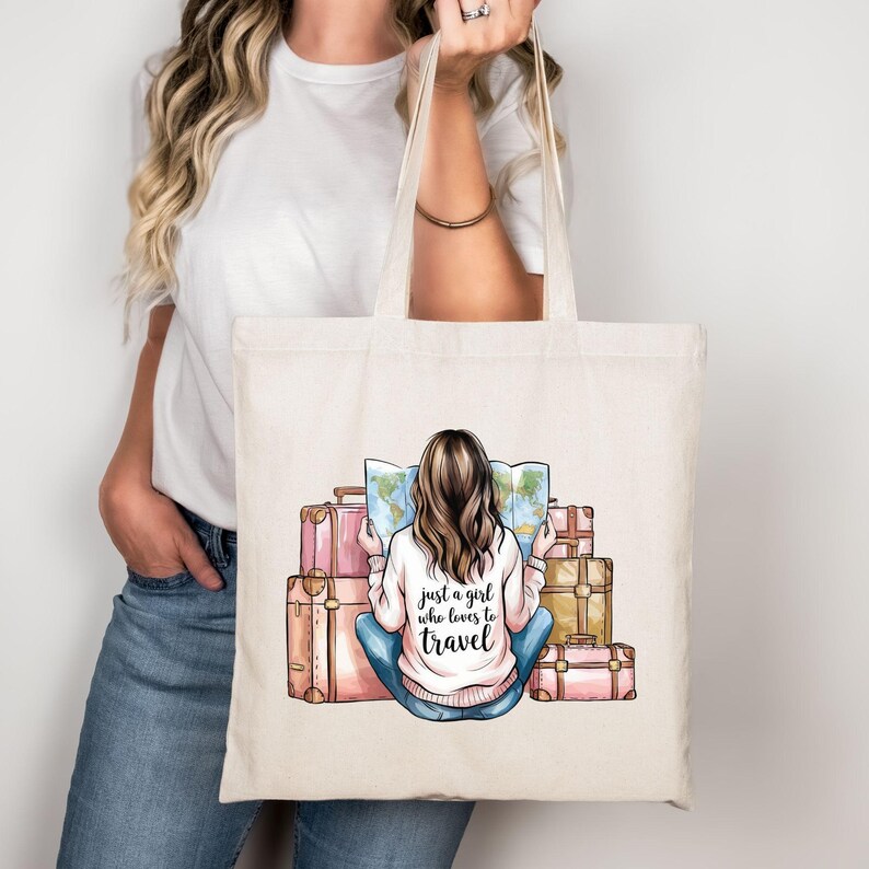 Just a Girl Who Loves To Travel PNG, Wanderlust PNG, Adventure Sublimation Design, Wanderer Clip Art, With Suitcases And Map, Commercial Use image 4