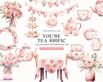 Valentinstag Tee Clipart, DIGITAL DOWNLOAD, Rosa Aquarell Nachmittagstee Party, High Tea Set, Teetasse, Galentines Day Kommerzielle Nutzung PNG