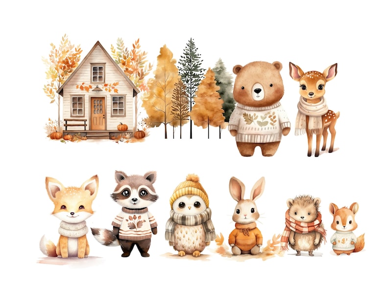 Fall Animal Clipart, DIGITAL DOWNLOAD, Woodland Creatures Illustrations, Autumn Forest Animals, Fox Watercolor Graphics, Commercial Use PNG image 2