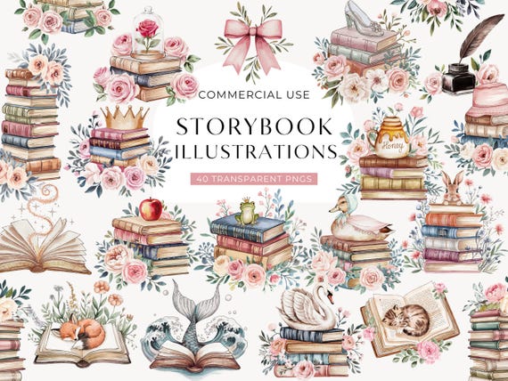 Storybook Clipart, Story Book Clip Art, Cute Watercolor Book Lover, Nursery Fairytale PNG, Books for Baby Shower, Reading DIGITAL DOWNLOAD