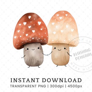 Clipart champignon mignon, image unique en téléchargement numérique, champignon vénéneux aquarelle, clipart nature Saint-Valentin, carte d'anniversaire à usage Commercial PNG