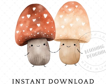 Cute Mushroom Clipart, Single Image DIGITAL DOWNLOAD, Watercolor Toadstool, Nature Valentine Clip Art, Anniversary Card Commercial Use PNG