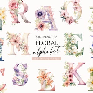 Peut inclure: Alphabet floral à l'aquarelle, chaque lettre ornée de fleurs délicates aux couleurs pastel. Les lettres sont dans diverses nuances de rose, de violet, de vert et de bleu, avec un effet aquarelle. Le texte "COMMERCIAL USE FLORAL alphabet 26 TRANSPARENT PNGS" est également présent.