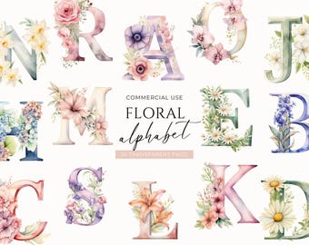 Clipart Floral Letters, DIGITAL DOWNLOAD, Flower Alphabet Clipart, Watercolor Monogram Font, Baby Nursery Wall Art, Free Commercial Use PNG