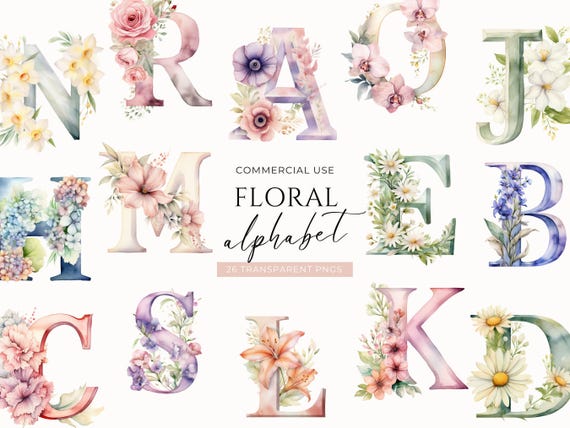 Clipart Floral Letters, DIGITAL DOWNLOAD, Flower Alphabet Clipart, Watercolor Monogram Font, Baby Nursery Wall Art, Free Commercial Use PNG