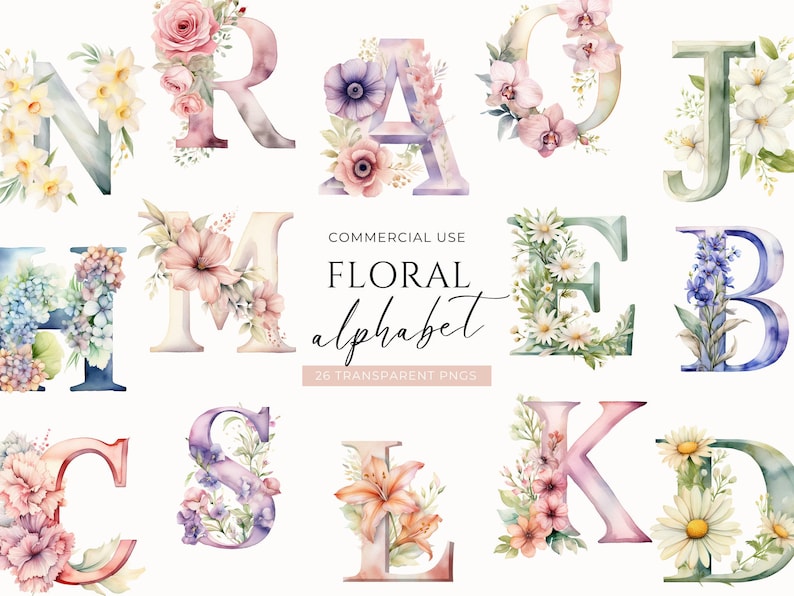 Clipart Floral Letters, DIGITAL DOWNLOAD, Flower Alphabet Clipart, Watercolor Monogram Font, Baby Nursery Wall Art, Free Commercial Use PNG image 1