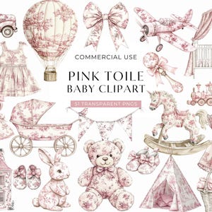 Clipart bébé toile rose, c'est une fille Baby Shower Toile De Jouy Clip Art, aquarelle florale chinoiserie, vintage Français chambre de bébé numérique PNG