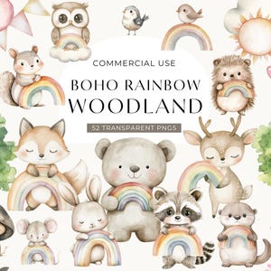 Regenbogen Wald Clipart, DIGITAL DOWNLOAD, Boho Wald Kindergarten Clip Art, Aquarell Baby Shower, süße Tierfreunde Kommerzielle Nutzung PNG