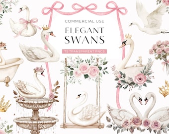 Watercolor Swan Clipart, Floral Swan Clip Art, Baby Shower Images, Printable Scrapbook Graphics, Girls Birthday DIGITAL Commercial Use PNG