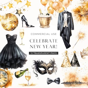 Clipart de fiesta de Nochevieja, descarga digital, paquete de acuarela de Año Nuevo 2024, Año Nuevo maravilloso, negro y dorado, champán, uso comercial PNG