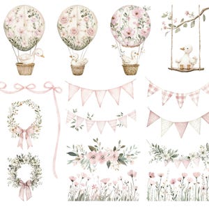 May include: Watercolor illustrations of hot air balloons, a duck on a swing, floral wreaths, and pink bunting. The balloons and swing feature a duck in a basket. The floral elements include pink roses and wildflowers, with a soft, pastel color palette.