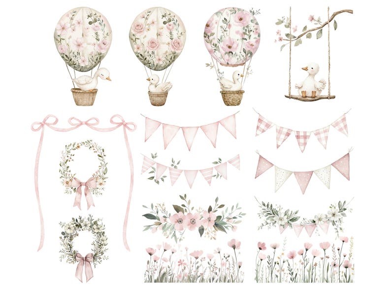 May include: Watercolor illustrations of hot air balloons, a duck on a swing, floral wreaths, and pink bunting. The balloons and swing feature a duck in a basket. The floral elements include pink roses and wildflowers, with a soft, pastel color palette.