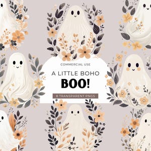 Clipart fantôme bohème, téléchargement numérique, Clipart fantôme floral, fantôme aquarelle mignon, baby shower automne boo, pastel Halloween usage Commercial PNG