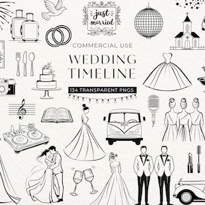 Iconos de cronograma de boda, imágenes prediseñadas, descarga digital, imágenes prediseñadas de líneas minimalistas, gráfico de novios en blanco y negro, imágenes PNG sencillas para uso comercial.
