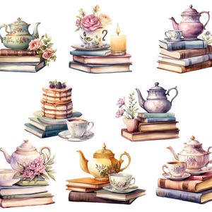 Tea And Books Clipart, DIGITAL DOWNLOAD, Watercolor Reading Clip Art, Book Club Lover, Vintage Tea Cup Set, Junk Journal Commercial Use PNG image 3